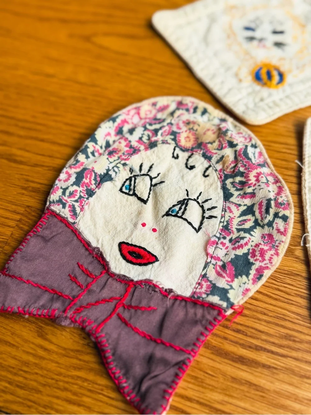 Hand-Embroidered Cat Coasters and Fabric Doll Head - Cream, Blue, Yellow, Pink